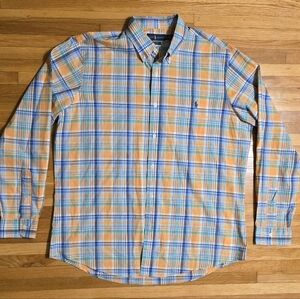 Polo Ralph Lauren Boys Logo Button Down Plaid Shirt Size XL Orange Blue Cruise